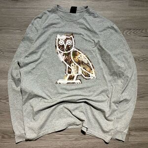OVO camo nature BIG OWL logo Gray Long Sleeve Tee with front Graphic mens XL